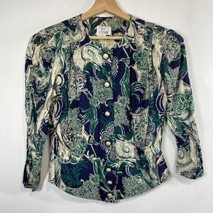 In Cinq Vintage Womens Green Floral Art To Wear Button Front Blouse Size 14/M